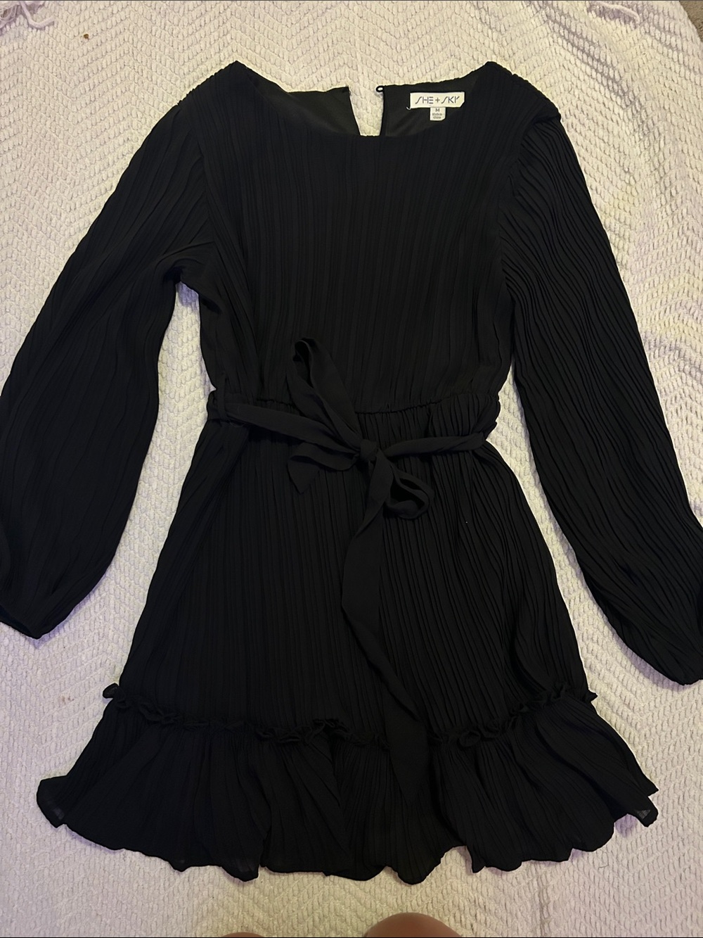 She + Sky Black Pleated Tie-Waist Ruffle Dress